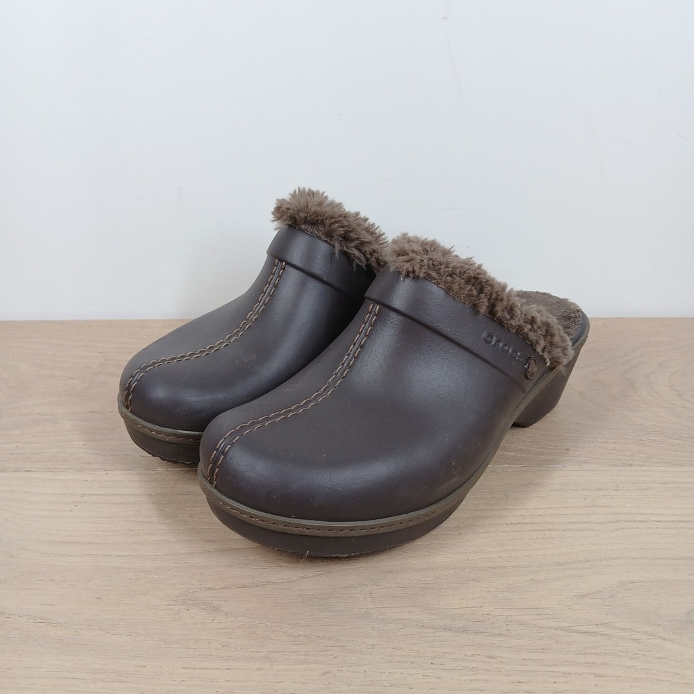 Crocs Clog Womens 9 Brown Synthetic Faux Fur Lined Wedge Slip On Mules Comfy